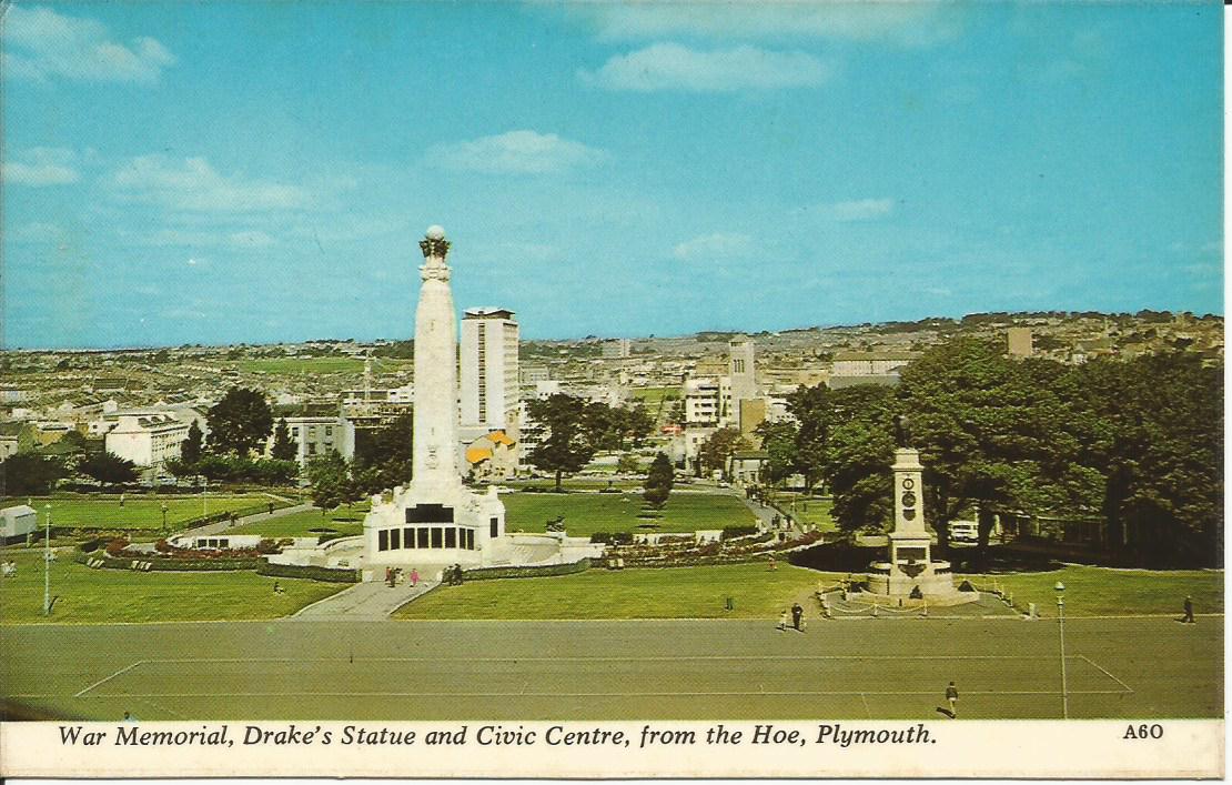 Plymouth, War Memorial,Drake's Statue and Civic Centre from the Hoe