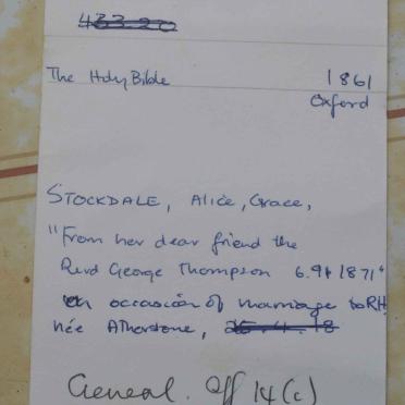 STOCKDALE Richard Henry, died 1905  and Alice C. ATHERSTONE, married 1871 Grahamstown
