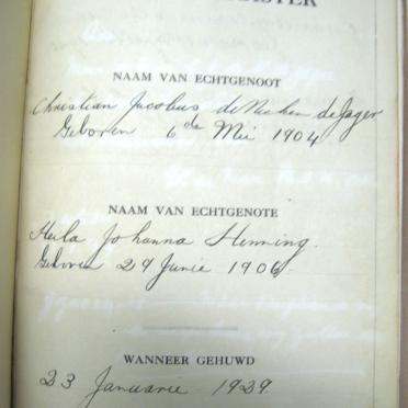 DE JAGER Christian Jacobus de Nicker, gebore 1904 en Heila Johanna HENNING, gebore 1906, getroud 1929