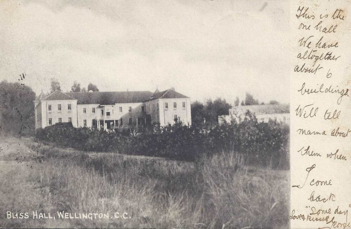 Bliss Hall Welligton Cape Colony, postal cancellation 1910