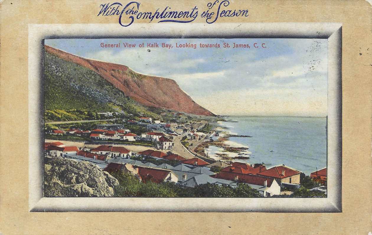General view of Kalk Bay, looking towards St James, Cape Colony, postal cancellation 1902