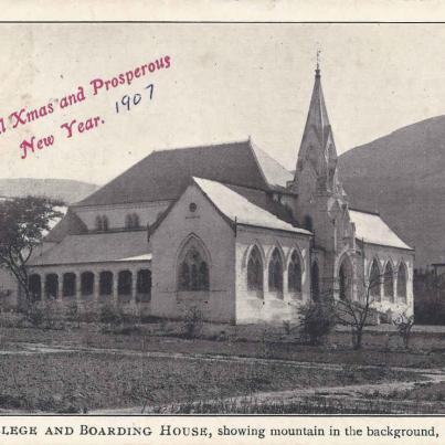 Gill College and Boarding House, showing mountain in the background,Somerset East, postal cancellation 1907