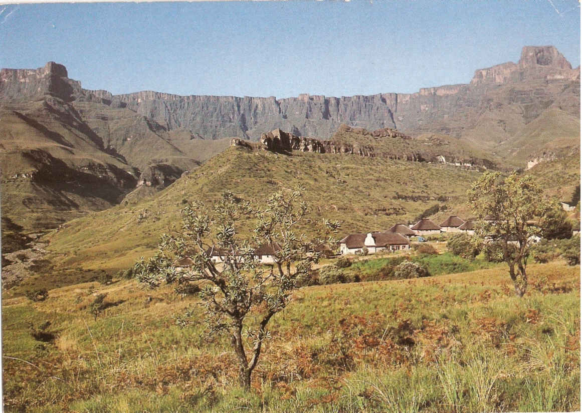 Tendele hutted camp and the Ampitheatre in the Royal Natal National Park Drakensberge