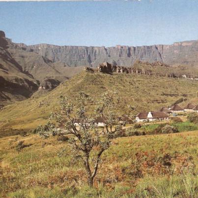 Tendele hutted camp and the Ampitheatre in the Royal Natal National Park Drakensberge