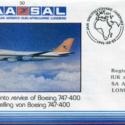 First Day Cover commemorating SAA introducing Boeing 747 400