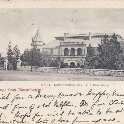 Bloemfontein Government House Old Presidency postal cancellation 25.12.1914