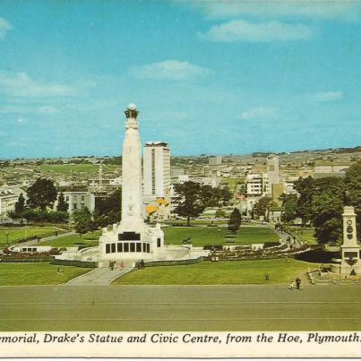 Plymouth, War Memorial,Drake's Statue and Civic Centre from the Hoe