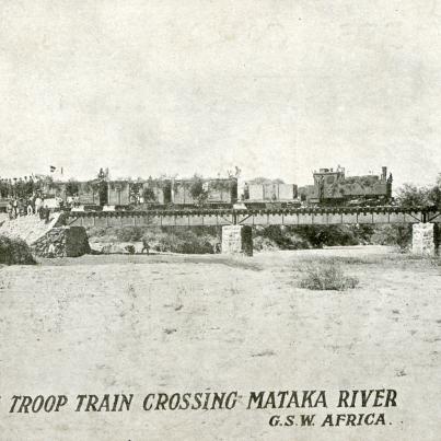German troop train crossing Omatako River G.S.W.A., WWI